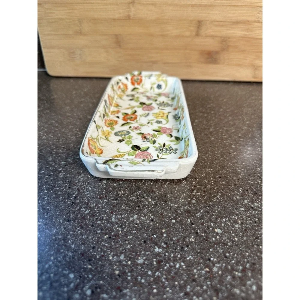 Vintage Japan Chintzware Rectangular Tray Floral Porcelain Trinket Vanity Dish